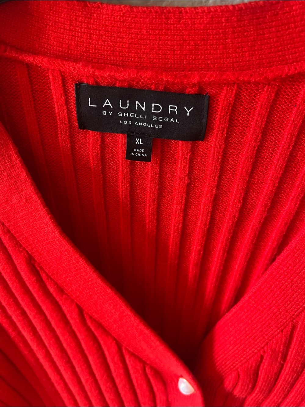 Laundry By Shelli Segal Bright Red Ribbed V-Neck Cardigan with Ruffle Trim - Picture 2 of 6